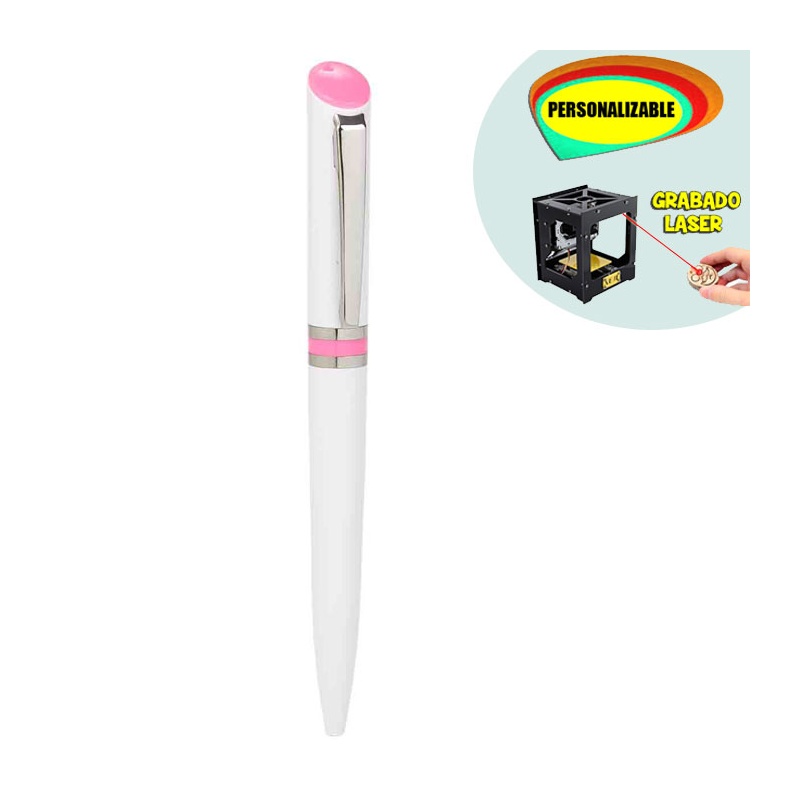 Bolígrafo blanco con detalle rosa, grabable a Láser/UVI
