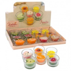 Velas de frutas en vaso de cristal, caja 12 uds.