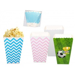 Cubo palomitero de cartón con rayas o motivos de futbol