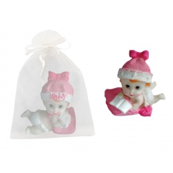 Figura de resina bebé cojin rosa y bolsa de tul