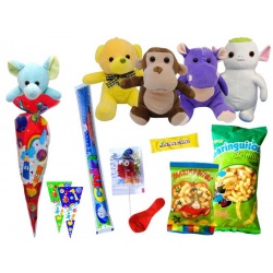 Bolsa caramelo de cono con golosinas y peluche