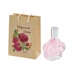 Pack con perfume de rosas, en bote de cristal, y bolsa decorada