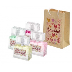 Pack con perfume de vainilla, en bote de cristal, y bolsa decorada