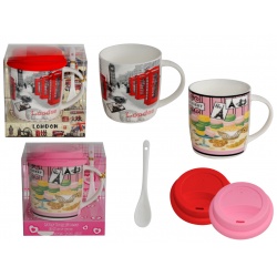 TAZA CON CUCHARA CERAMICA CIUDADES CON TAPA