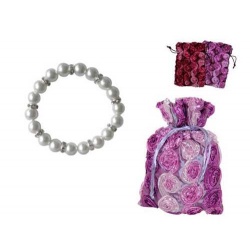 PULSERA DE PERLAS BLANCAS CON BRILL. + BOLSA TELA FLORES BORDADA (8540)