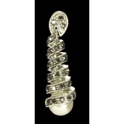 PENDIENTES PLATA ENVEJECIDA PERLA Y ZIRCONITAS EN ESPIRAL, 3 cm.