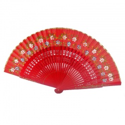 Abanico rojo con florecitas pintado a mano para regalar en bodas