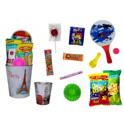 PAPELERA METALIZADA LONDRES-PARIS CON GOLOSINAS + BALON + PALA