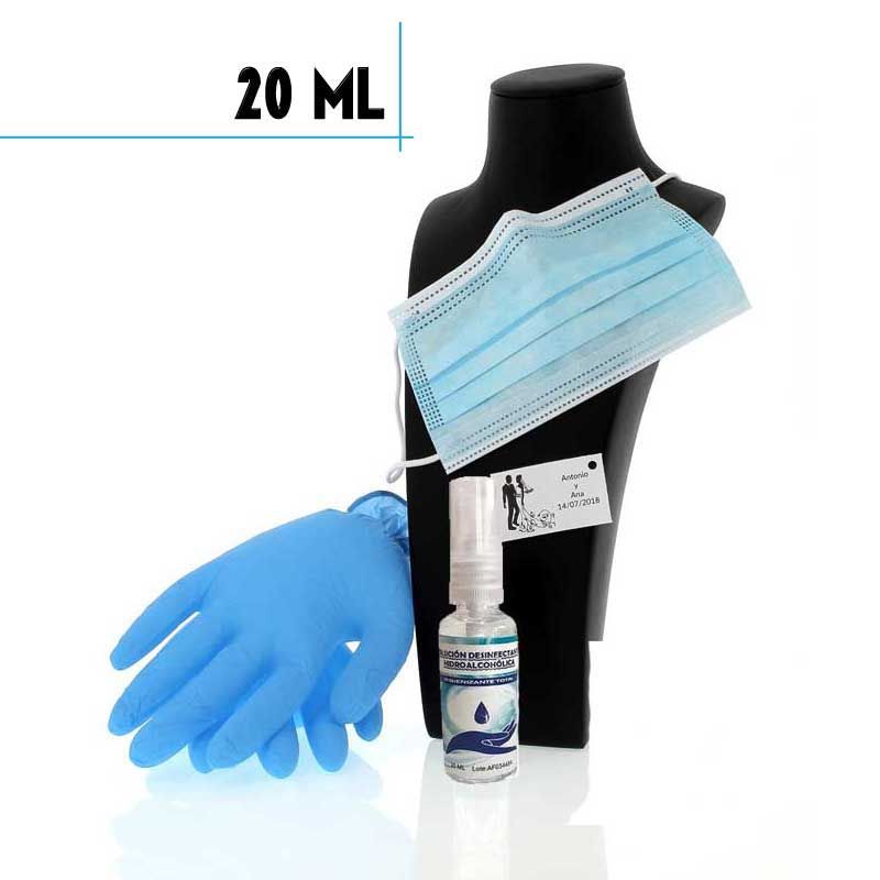Kit higienizante: Mascarilla, guantes, loción 20ml, bolsa y tarjeta