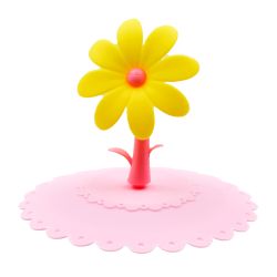 Tapa rosa de silicona para tazas, con flor amarilla