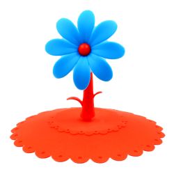 Tapa roja de silicona para tazas, con flor azul