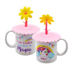 Taza de unicornio con tapa rosa  y flor amarilla