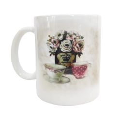 Taza decorativa con dibujo de flores y tacitas, no personalizable