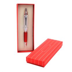 Bolígrafo rojo, presentado en caja roja con rayas blancas                                                        