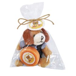 Llavero perrito con jabón y pegatina oso en bolsa con tarjeta