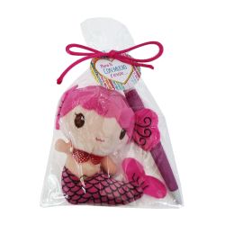 Peluche sirena rosa con boli en bolsa y tarjeta personalizada