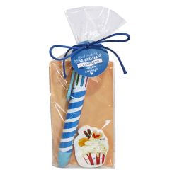 Boli multicolor azul con goma cake de borrar en bolsa y tarjeta