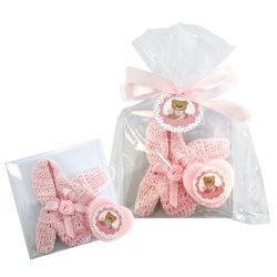 Capucha de punto rosa de bebe con jabón+pegatina+tarjeta en bolsa y lazo