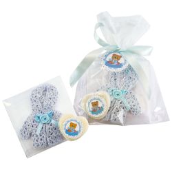 Capucha de punto azul de bebe con jabón+pegatina+tarjeta en bolsa y lazo