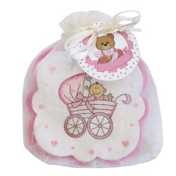 Posavasos rosa de bebe en bolsa con tarjeta y lazo