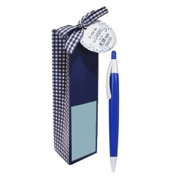 Cajita azul oscuro de cuadros con boli y pegatina de niñ@s