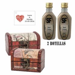 Licor Crema en baúl de madera y tarjeta