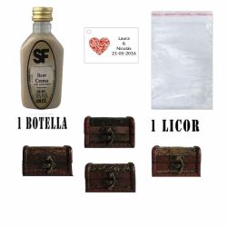 Licor Crema en baúl de madera, bolsa de celofan y tarjeta