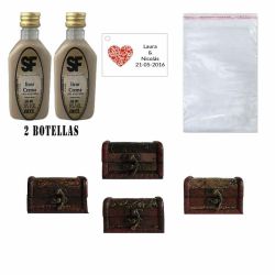 Licor Crema en baúl de madera, bolsa de celofan y tarjeta