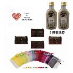 Licor Crema en baúl de madera, bolsa de organza y tarjeta