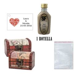 Licor Crema en baúl de madera, bolsa de celofan y tarjeta