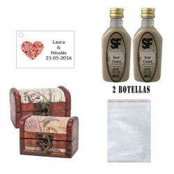 Licor Crema en baúl de madera, bolsa de celofan y tarjeta