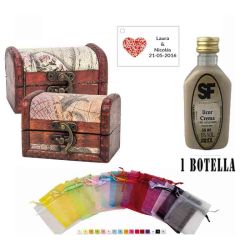 Licor Crema en baúl de madera, bolsa de organza y tarjeta