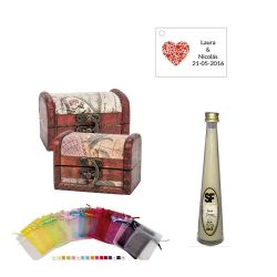 Licor Crema en baúl de madera, bolsa de organza y tarjeta