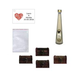 Licor Crema en baúl de madera, bolsa de celofan y tarjeta