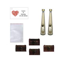 Licor Crema en baúl de madera, bolsa de celofan y tarjeta