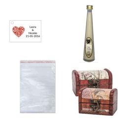 Licor Crema en baúl de madera, bolsa de celofan y tarjeta