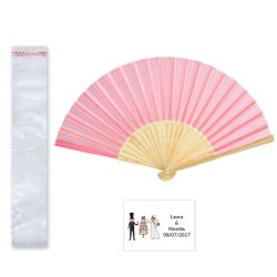 Abanico bambú rosa en bolsa y tarjeta