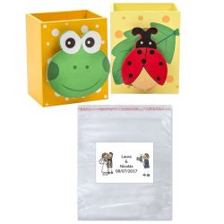 Lote lapicero madera con bolsa y tarjeta o pegatina