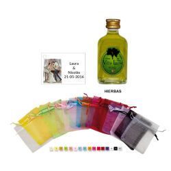 Licor hierbas en bolsa de organza y tarjeta personalizada