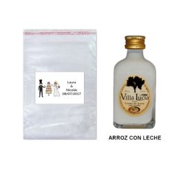 Licor Arroz con leche en bolsa de celofán y tarjeta personalizada