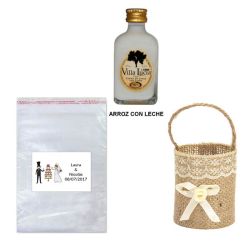 Licor Arroz con leche en cesta bolsa celofán y tarjeta
