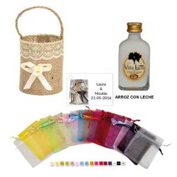 Licor Arroz con leche en cesta bolsa organza y tarjeta