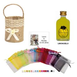 Licor Limoncielo en cesta bolsa organza y tarjeta