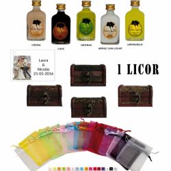 Pack boda 1 licor con baúl bolsa de organza y tarjeta