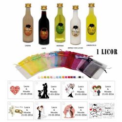 Pack licor con bolsa organza y tarjeta personalizada
