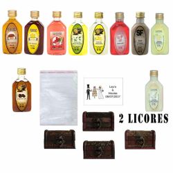 Detalle de boda 2 licores en baúl con bolsa y tarjeta