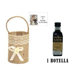 Licor Pedro Ximenez en cesta de mimbre y tarjeta