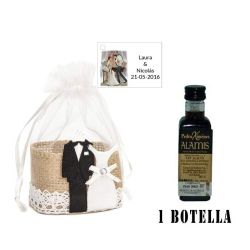 Licor Pedro Ximenez en cesta de mimbre y tarjeta