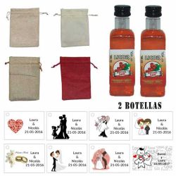 Licor Pacharán en una bolsa de saco y tarjeta