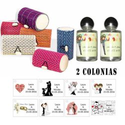 Colonias para invitados de boda con una caja de mimbre